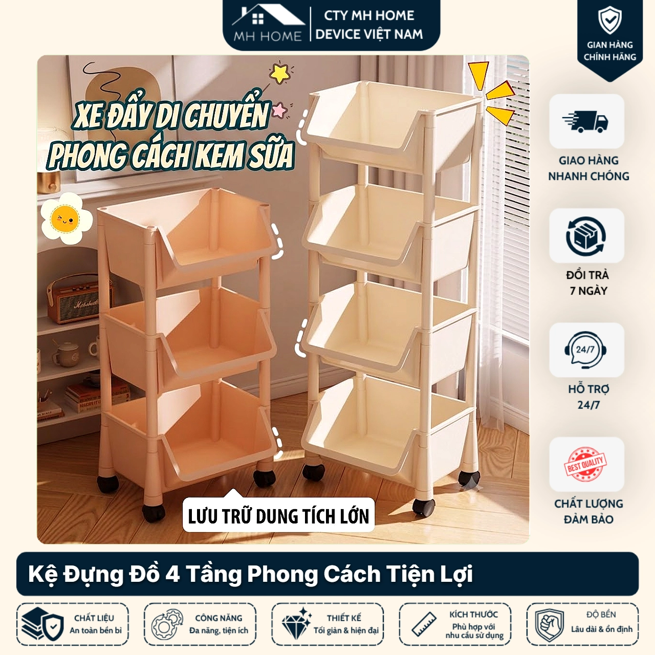 Kệ Sách Nhựa 4 Tầng Đa Năng Có Bánh Xe Khóa Tiện Lợi - Kệ Đựng Đồ Đồ Chơi Nhà Bếp Khay Rổ Thông Minh MH